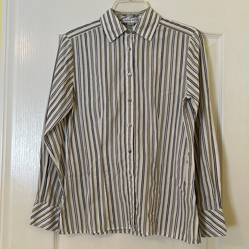 Pendleton Button Up Green White Striped Long Slee… - image 2